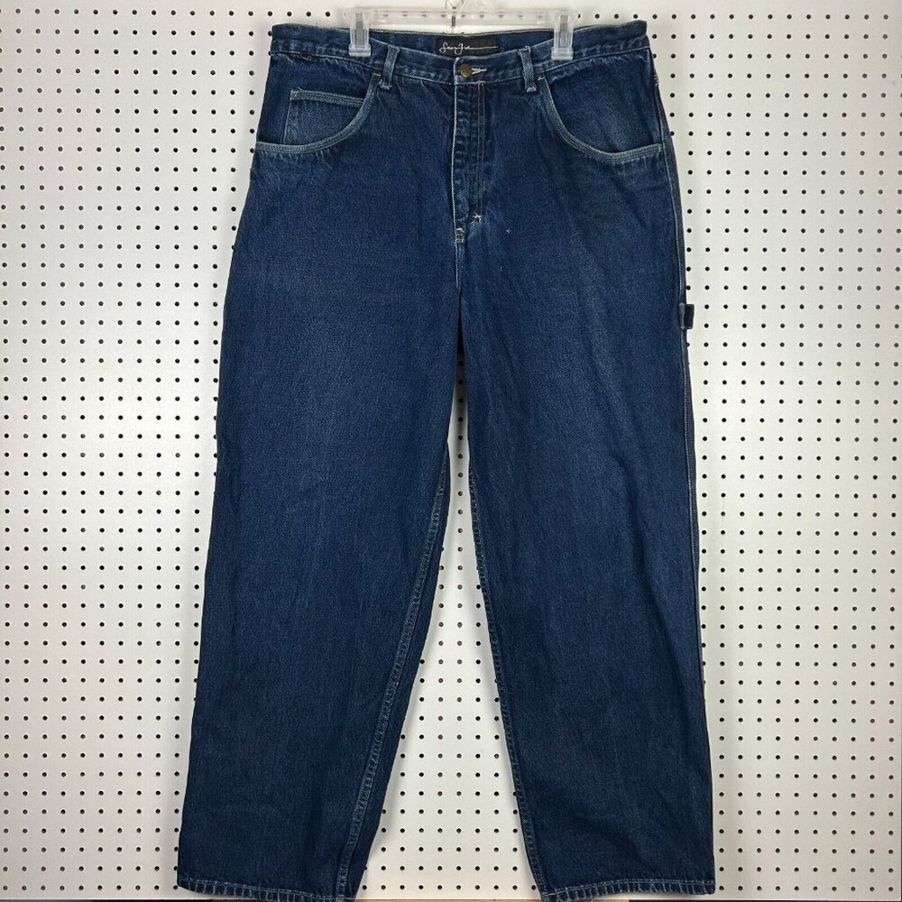Sean John Carpenter Work Wear Y2K Blue Jeans 38x34 Distressed Wide Leg Baggy - Picture 6 of 9
